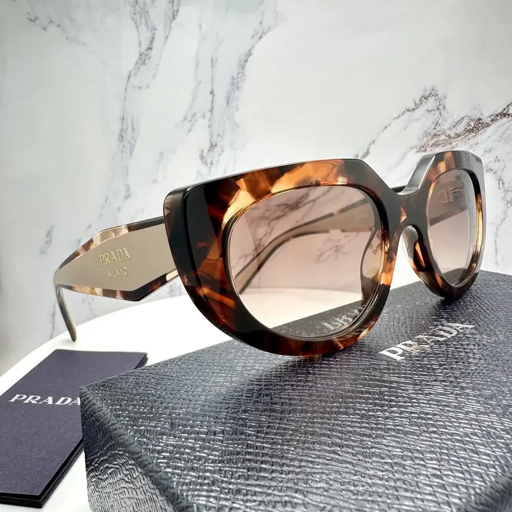 NEW PRADA Sunglasses Brown Tortoise Caramel Gold Symbole Oval Cat Eye Womens